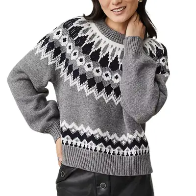 gray Fair Isle sweater on model