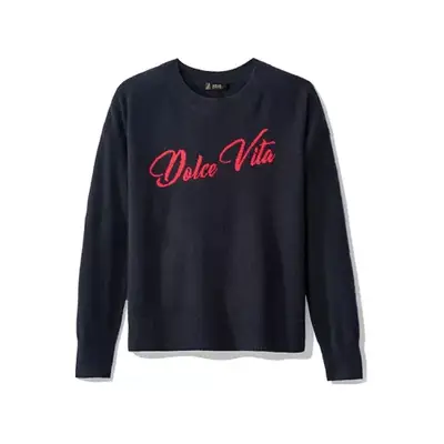 navy sweater with the words 