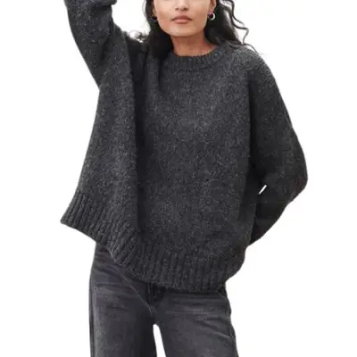 model wearing a dark gray sweater