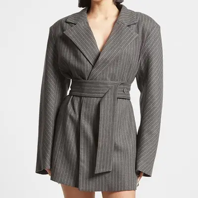 Maniere de Voir Oversized Pinstripe Blazer Dress in gray on model