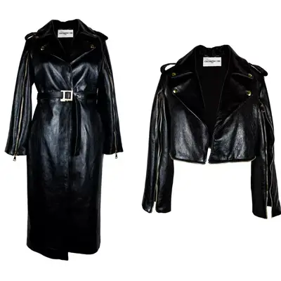 Black leather coat shown in trench coat and cropped styles