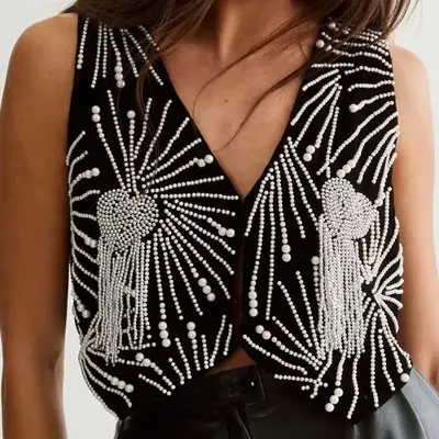 Black Velvet Heart Pearl Tassel Waistcoat