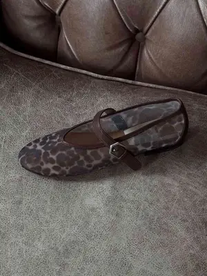 leopard print mesh ballet flat on a sofa