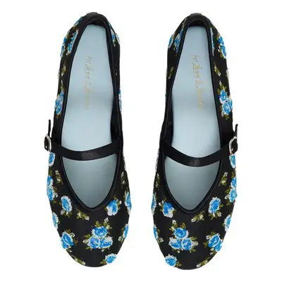 For Love & Lemons Evelyne Embroidered Ballet Flat in black with blue flowers