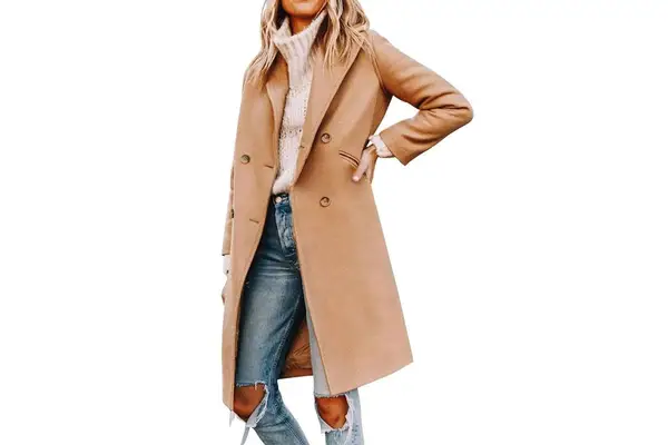 Yousify Womens Notched Lapel Collar Double Breasted Pea Coat