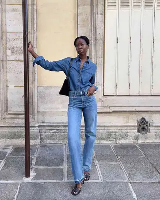 Content creator Sylvie wearing denim on denim. 