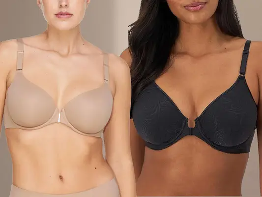 A person wearing the Front Close T-Shirt Bra next to a person wearing the Bali Women