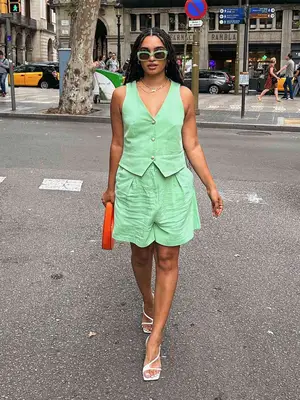 model wearing green pants