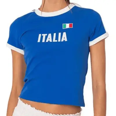 model wearing blue graphic tee that says italia