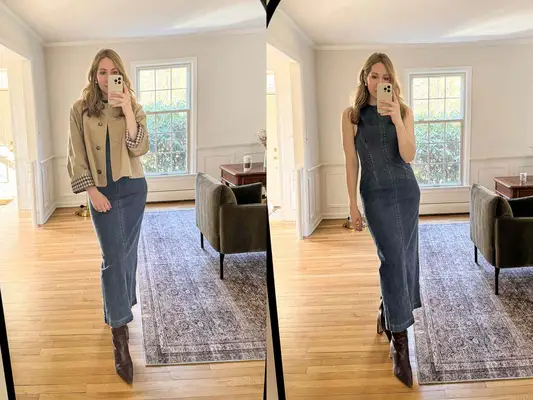 In front of a mirror a woman is wearing a Reformation Kendi Denim Dress