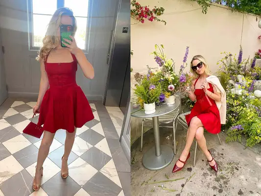 A red Reformation Petites Mariela Linen Dress standing by an elevator and siting in a garden