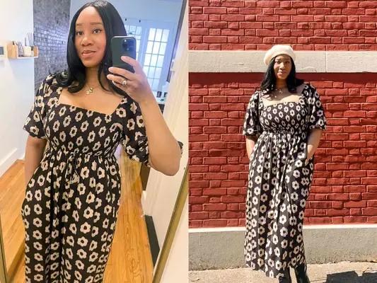 Christy Dawn Katrina Dress inside an apartment and against a red brick wall