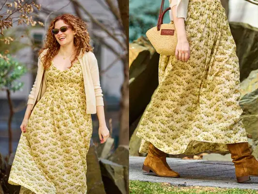 A woman wearing a yellow patterned transitional sun dress 