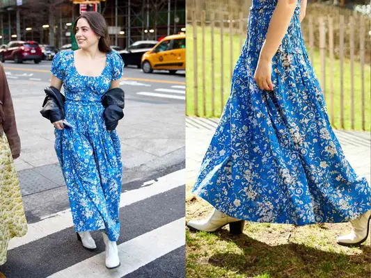 Woman wearing a blue transitional sun dress on a street and on the lawn of a park