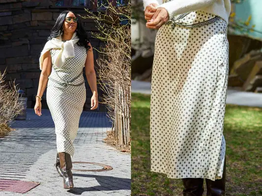 Woman wearing patterned transitiona sun dress in the park