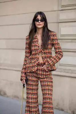 woman in tweed blazer jacket