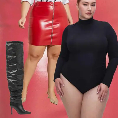 Black bodysuit, red leather zip mini skirt, and black puffer thigh high boots