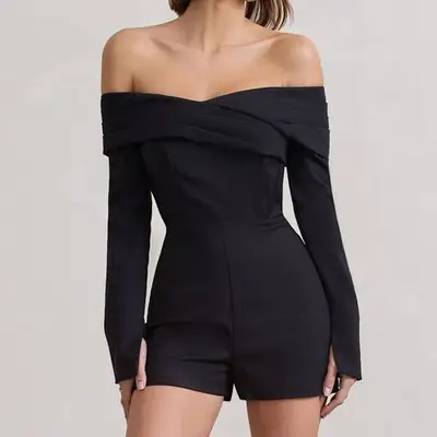 Club L London Front Row Black Long-Sleeved Bardot Corset Playsuit