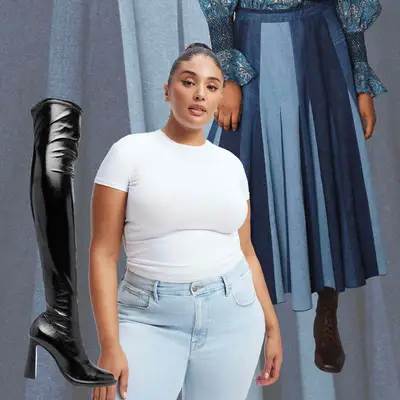 White t-shirt, multi-paneled denim pleated midi skirt, and black patent leather thigh high boots