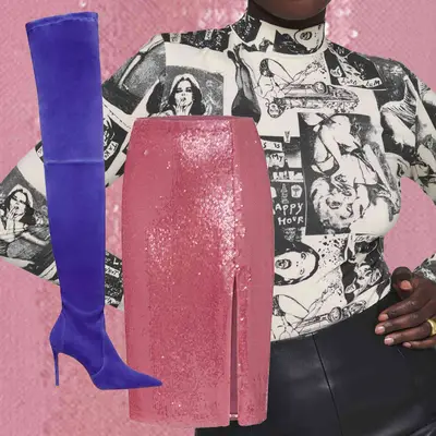 Graphic black-and-white newsprint turtleneck top, pink sequined midi skirt, and blue thigh-high boots