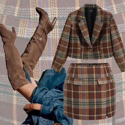 Brown plaid cropped blazer and mini skirt set with brown suede thigh high boots