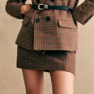 Sezane Malia Skirt in brown multicolored houndstooth on model