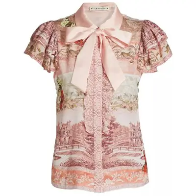Alice + Olivia Minda Versailles Silk Blouse in pink print with bow