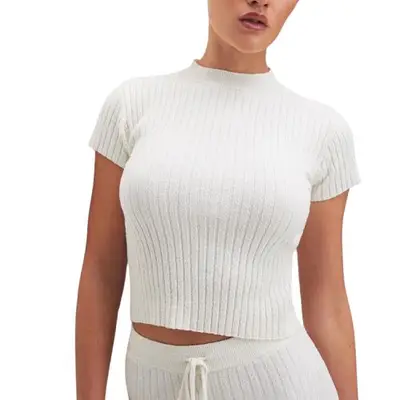 Good American Ribbed Terry Tee in cloud white on model styled with matching pants