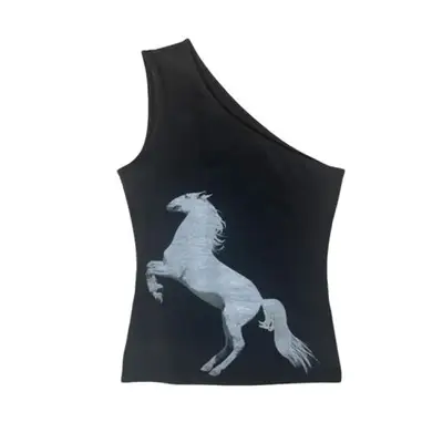 Tyler McGillivary Equestrian Tank in black one-shoulder style with horse graphic