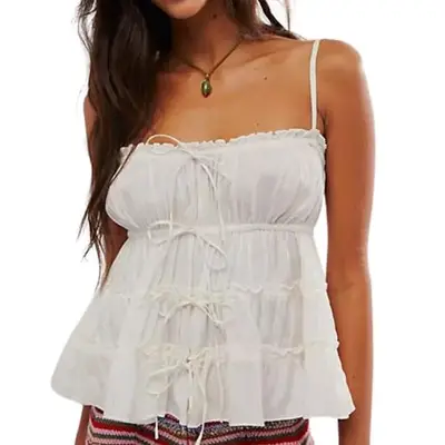 Free People Matilda Tie Tank in ivory with bow details on model