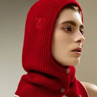 LilySilk Cashmere Balaclava in red on model