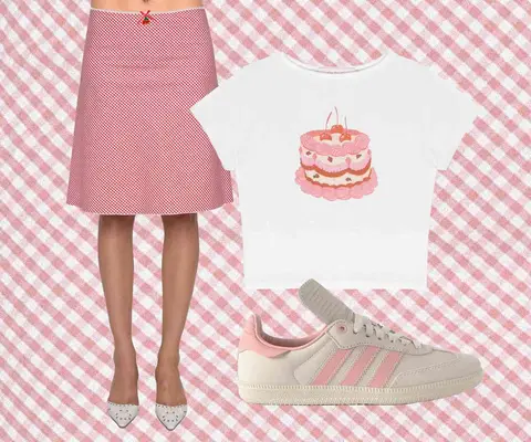 White shirt with pink cake graphic, white and red gingham skirt on model, and white and pink sneakers