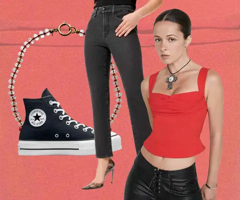 Black and white Converse, beaded necklace, black jeans and heels on model, and red corset top and cross necklace on model