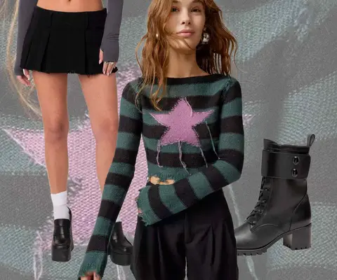 Purple and green distressed sweater on model, black mini skirt and loafers on model, and black combat boot