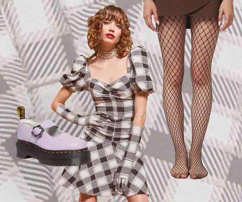 Fishnet tights on model, black and white plaid dress on model, and lavender platform Mary Jane shoes