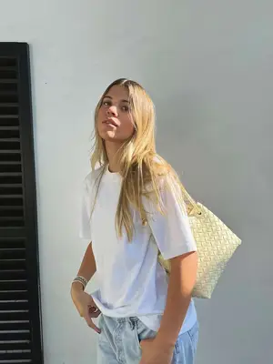 Rocknot Denim Infinity Bag in light wash with crystal lace strap