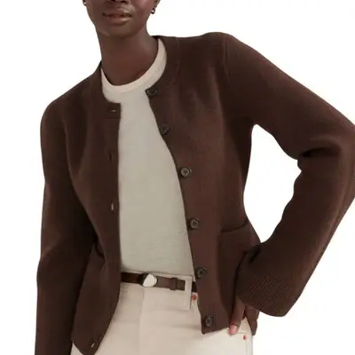 Model wearing a brown cardigan