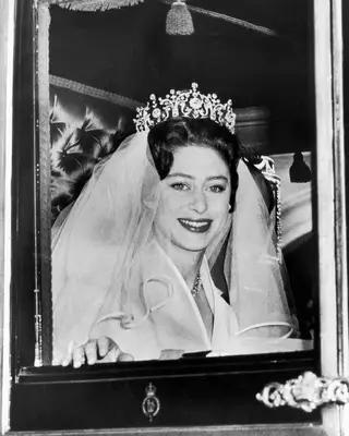 Queen Margaret wearing the Poltimore tiara on her wedding day