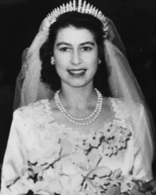 Queen Elizabeth wearing The Queen Mary Fringe Tiara for wedding to Prince Philip 