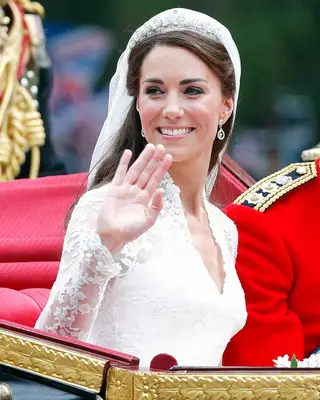Princess Kate wearing The Cartier Halo Scroll Halo at her wedding to Prince William