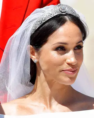 Meghan Markle wearing The Queen Mary Diamond Bandeau Tiara on her wedding day to Prince Harry