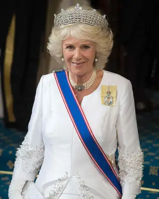 Camilla, Queen Consort wearing the Greville Tiara 