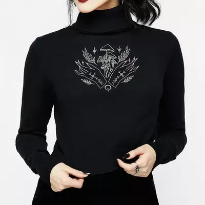 Disturbia Mystify Embroidered Roll Neck Crop Sweater in black with mushroom and leaf pattern