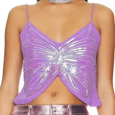 Purple sequin butterfly halter top on model