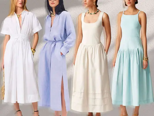 Four models wearing summer dresses in varying styles