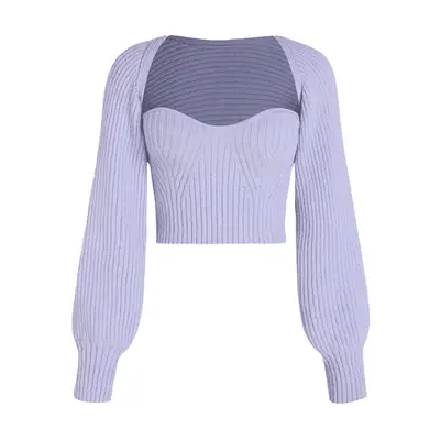 Cider Two-Piece Rib Knit Long Sleeve Crop Top in violet