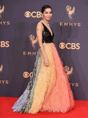 Zoe Kravitz wears an ombre feathered Dior couture dress to the 2017 Emmy Awards