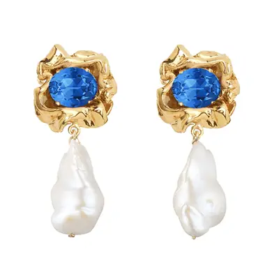 Sterling King Lola Crystal Baroque Pearl Drop Earrings with sapphires and gold