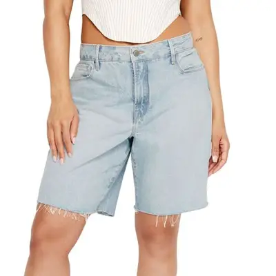 person wearing light wash bermuda shorts