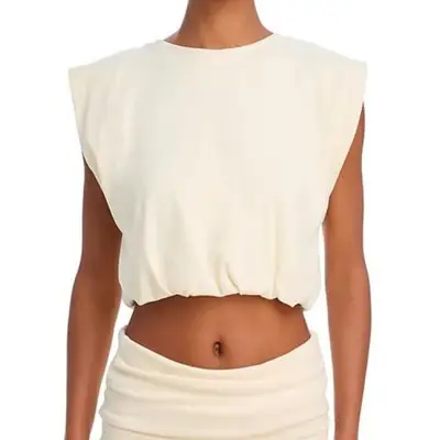 cropped bubble top in off-white on model